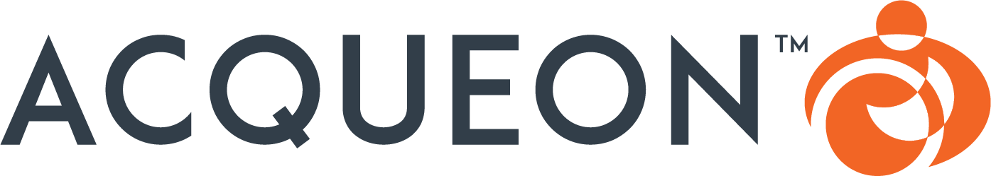 Logo of Acqueon, featuring the company name in bold letters with an orange abstract symbol on the right.
