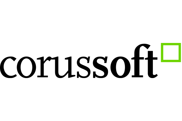 Logo of Corussoft GmbH featuring black text with a green graphic element on the right.
