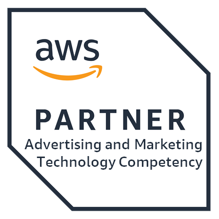 AWS Partner badge for Advertising and Marketing Technology Competency. Visual features AWS Partner branding and text 'Advertising and Marketing Technology Competency' inside a geometric outline.