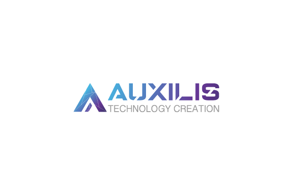 Logo for Auxilis Technology Creation featuring stylized text and geometric design element.