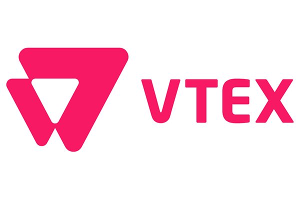 The VTEX logo consisting of a pink geometric symbol and the text 'VTEX' in pink on a white background.