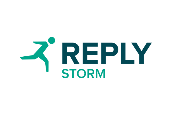 "Storm Reply logo featuring a sprinting icon running toward the company name in green text."