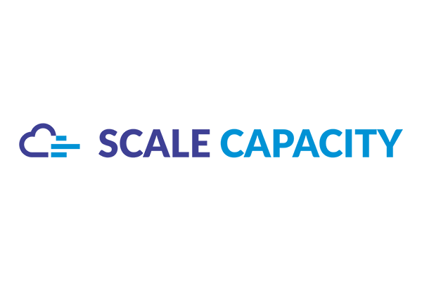 Logo for Scale Capacity featuring a cloud icon and the text 'SCALE CAPACITY' in blue and purple on a white background.