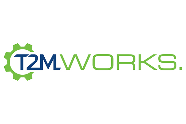 T2M Works company logo on a light background, featuring blue and green text with a green gear graphic.