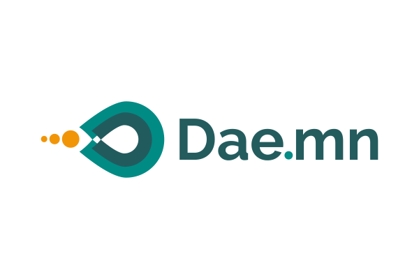 The Dae.mn company logo featuring a teal symbol and 'Dae.mn' text with orange accent dots on a white background.