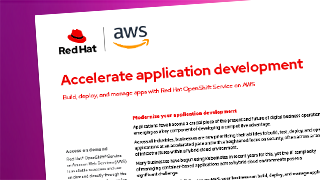 Promotional image for Red Hat and AWS partnership highlighting accelerated application development with Red Hat OpenShift Service on AWS. The visual shows the Red Hat and AWS logos and messaging about building, deploying, and managing applications.