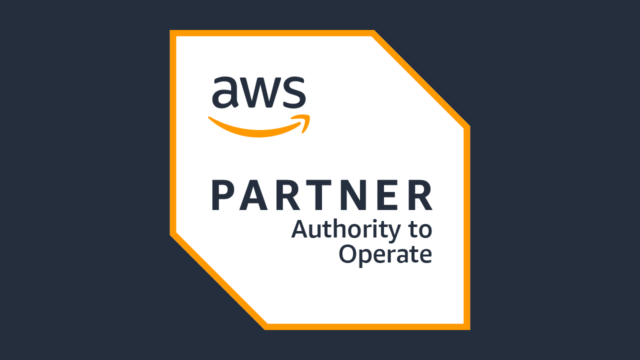 AWS Partner Authority to Operate badge, white polygonal badge with gold outline on a dark background, displaying 'aws PARTNER Authority to Operate'.