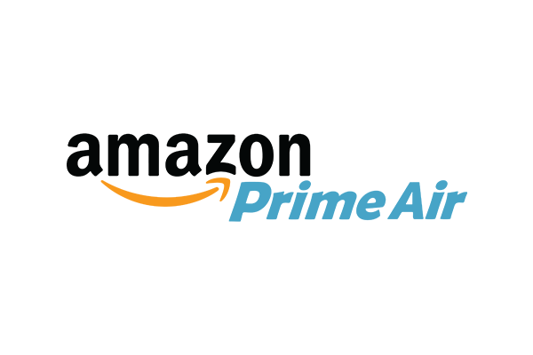 Logo for Amazon Prime Air featuring the Amazon wordmark with a yellow arrow and the words 'Prime Air' in blue.