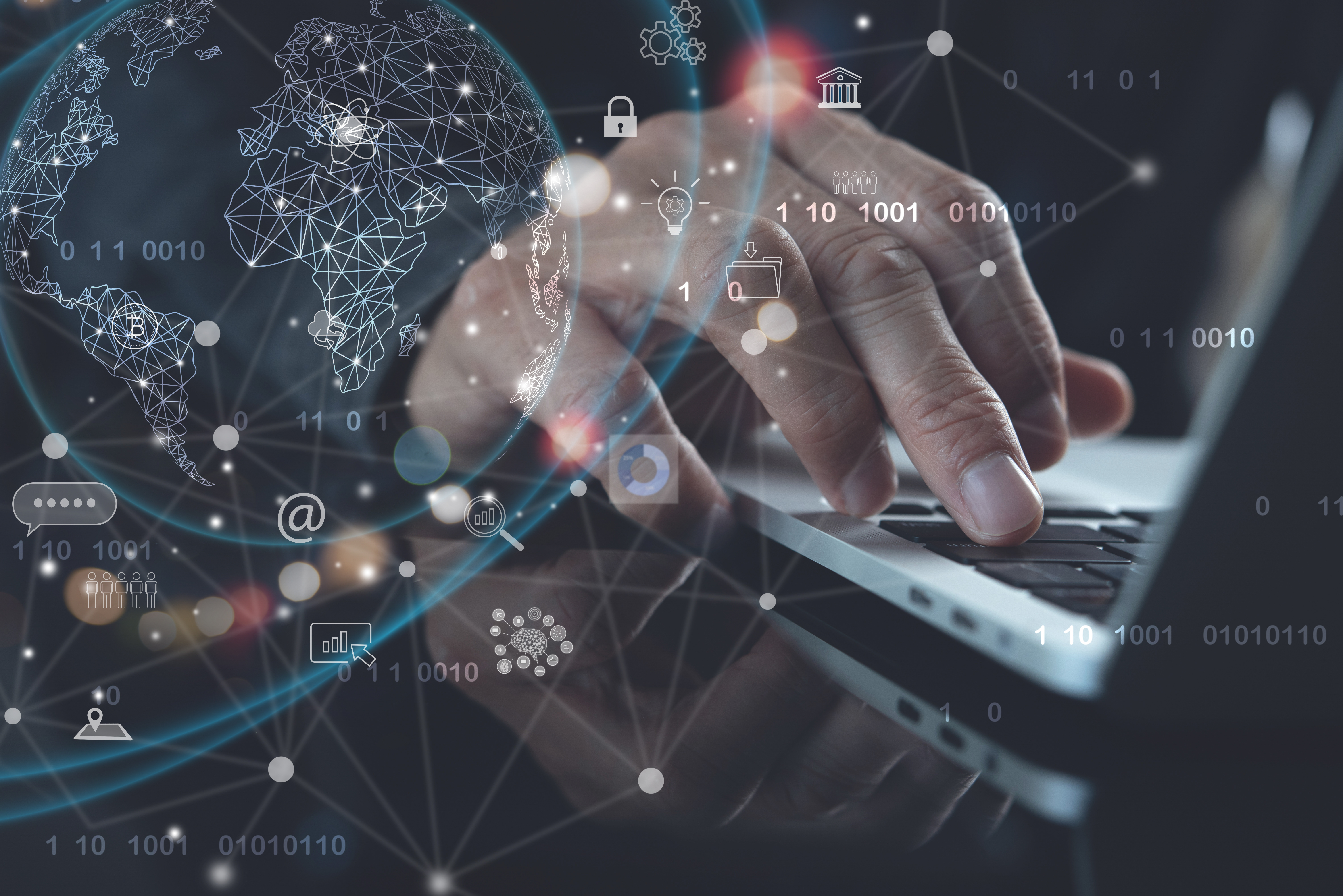 IoT Internet of Things, digital markrting, global business, software technology development concept. Man programmer, software engineer coding on laptop with technology icons and globe, social network on virtual screen