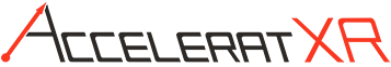 Logo of AcceleratXR featuring stylized text with an upward arrow design on the 'A' and 'XR' in red.