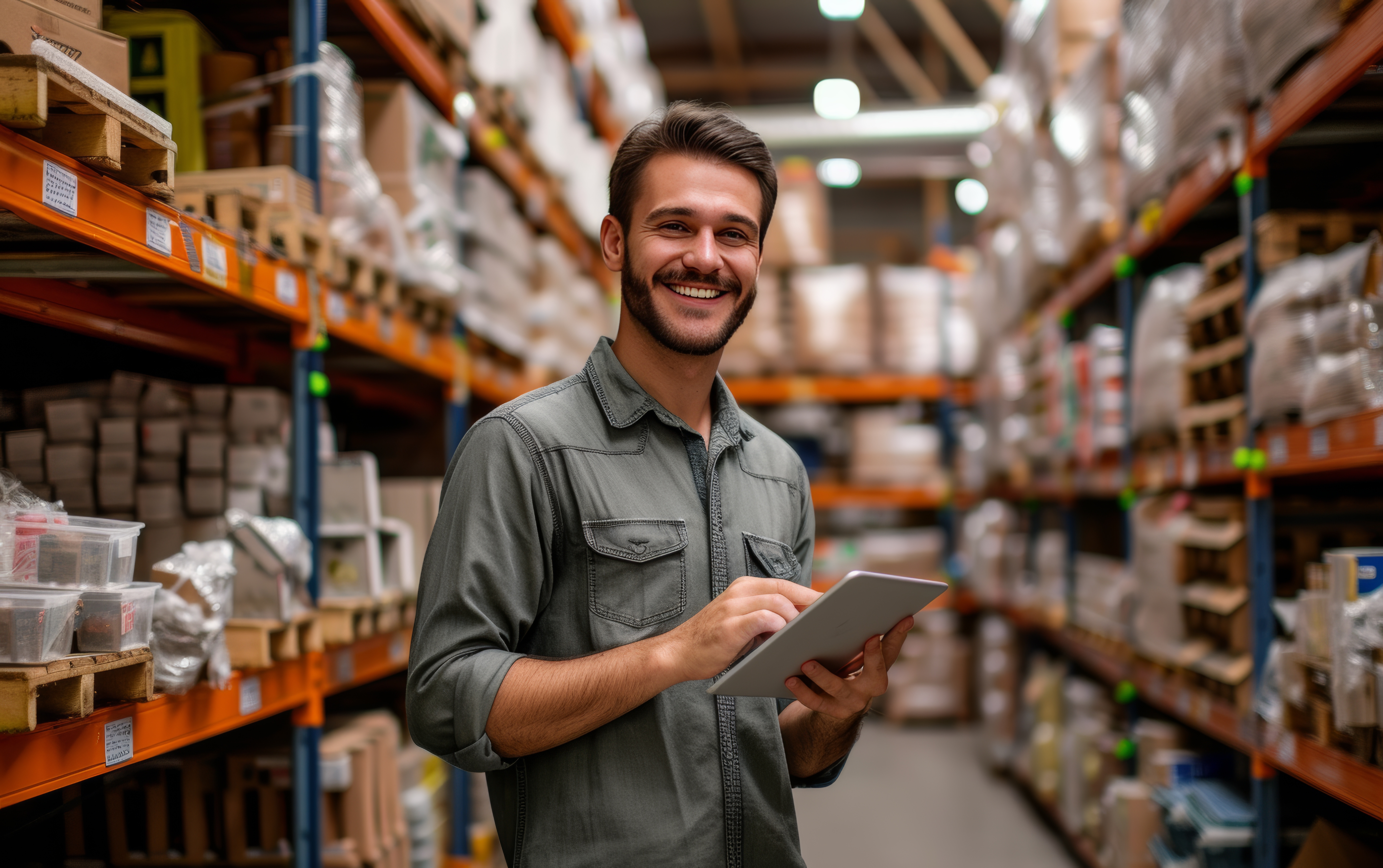 a cheerful male salesman with dark hair and a friendly smile, dressed in a smart casual shirt, stands among shelves in a hardware warehouse, holding a tablet and checking inventory, well-lit interior with organized racks of supplies, photography, realistic, ultra realistic, hyper detailed, --ar 8:5 --v 6 Job ID: 60fb875b-acf2-4609-b0f6-1a20ef5d3315