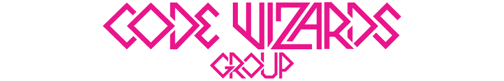 Logo of Code Wizards Group with stylized pink geometric text on a transparent background.