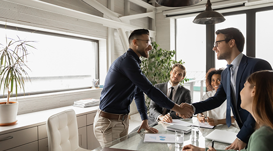 Business professionals shaking hands across a conference table in a modern office setting, with colleagues observing the agreement. Sunlit room with large windows and plants, suggesting partnership or successful negotiation.