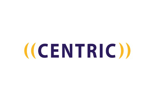 Centric logo with bold purple text and yellow bracket accents on a white background.