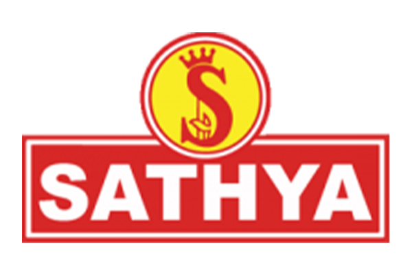 Sathya company logo in red and yellow colors with a crowned 'S' and the word 'SATHYA' in bold white letters on a red background.