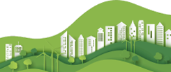 Illustration of a green cityscape with buildings, wind turbines, and rolling hills, representing climate action and sustainable urban development.