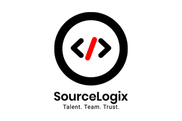 Vertical Sourcelogix logo with a stylized red icon above the black company name on a white background.