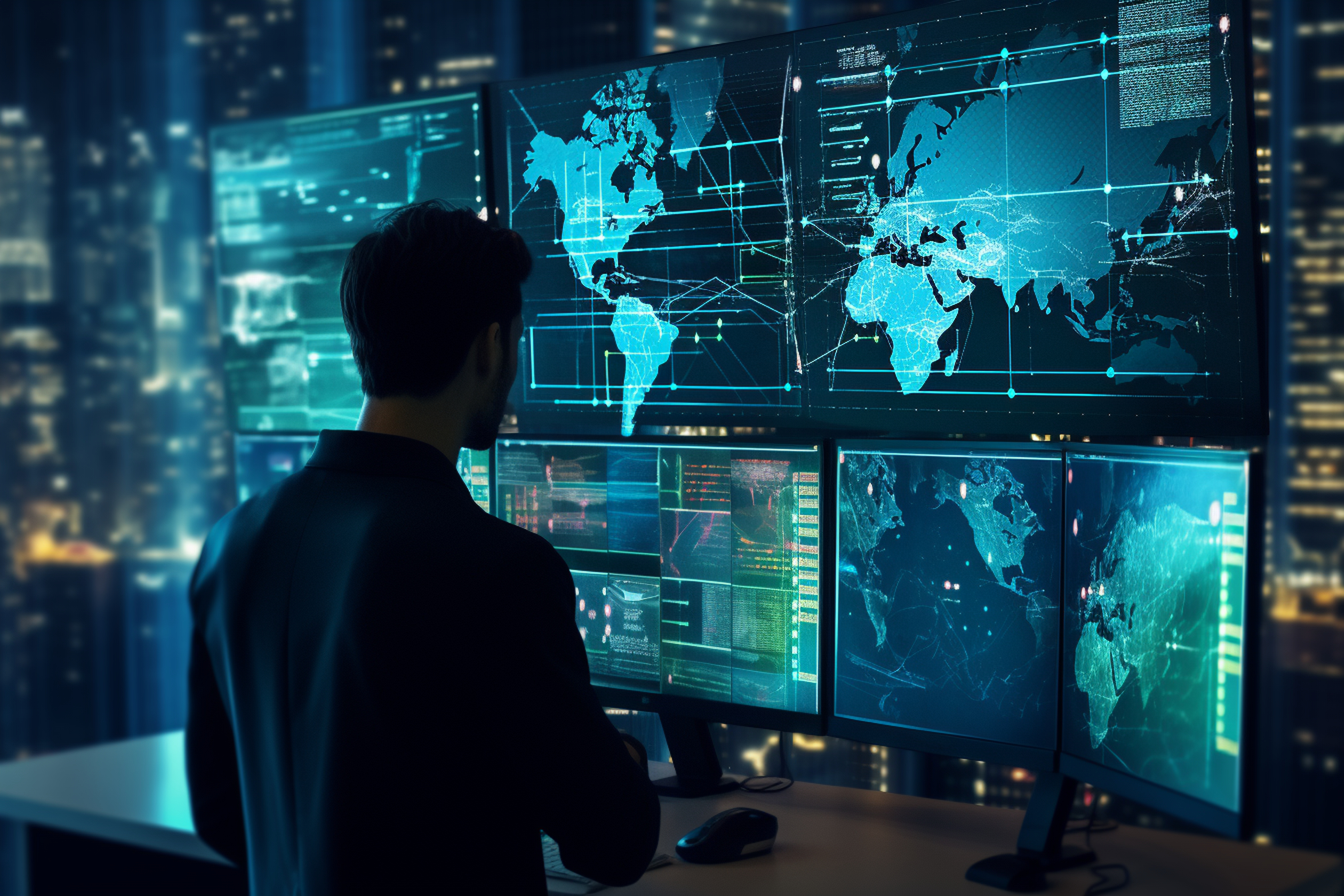 A cybersecurity expert monitors network traffic and global data on multiple large digital screens in a high-tech operations center at night.