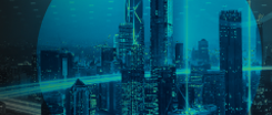 Abstract digital cityscape with blue technology overlay representing Deloitte mainframe modernization.