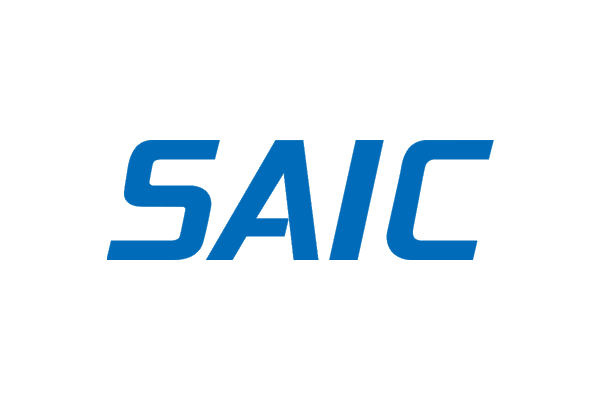 The logo of SAIC featuring the company's name in bold blue letters on a transparent background.