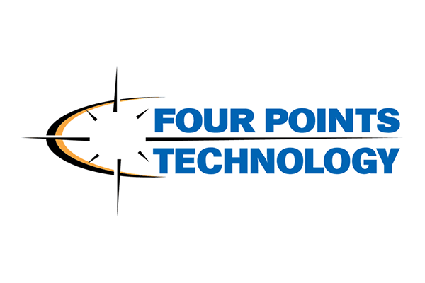 Logo for Four Points Technology, featuring bold blue text and a stylized compass graphic.