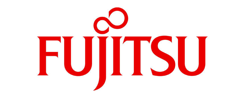 Fujitsu company logo in red text with a distinctive infinity symbol above the 'J', on a transparent background.