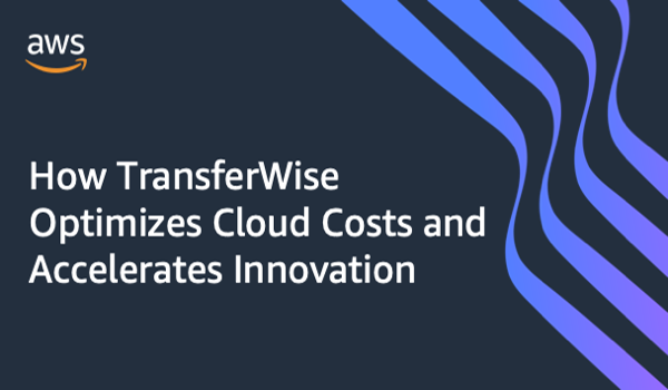 eBook cover image with the title 'How TransferWise Optimizes Cloud Costs and Accelerates Innovation' on an AWS-branded background with blue and purple abstract lines.