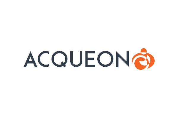 Acqueon logo in gray text with an orange graphic element on a light gray background.
