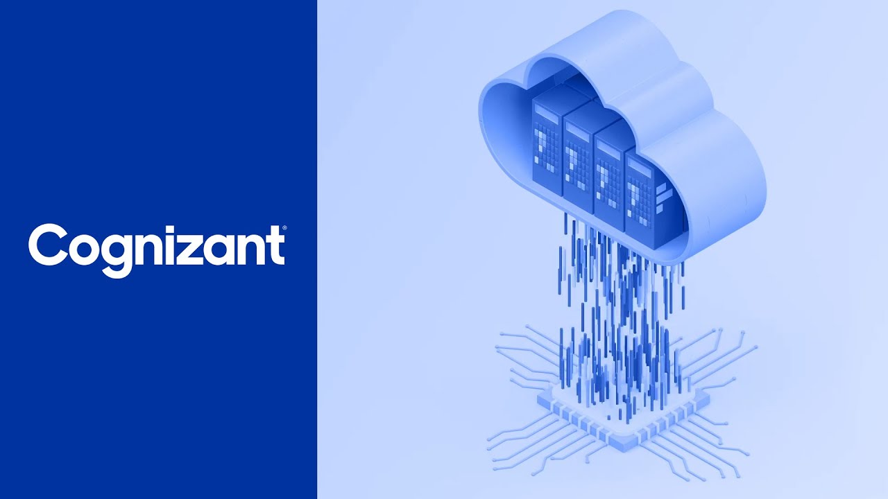 YouTube thumbnail image featuring the Cognizant logo on a blue background, with an illustration of data servers inside a cloud and digital connections symbolizing cloud computing technology.
