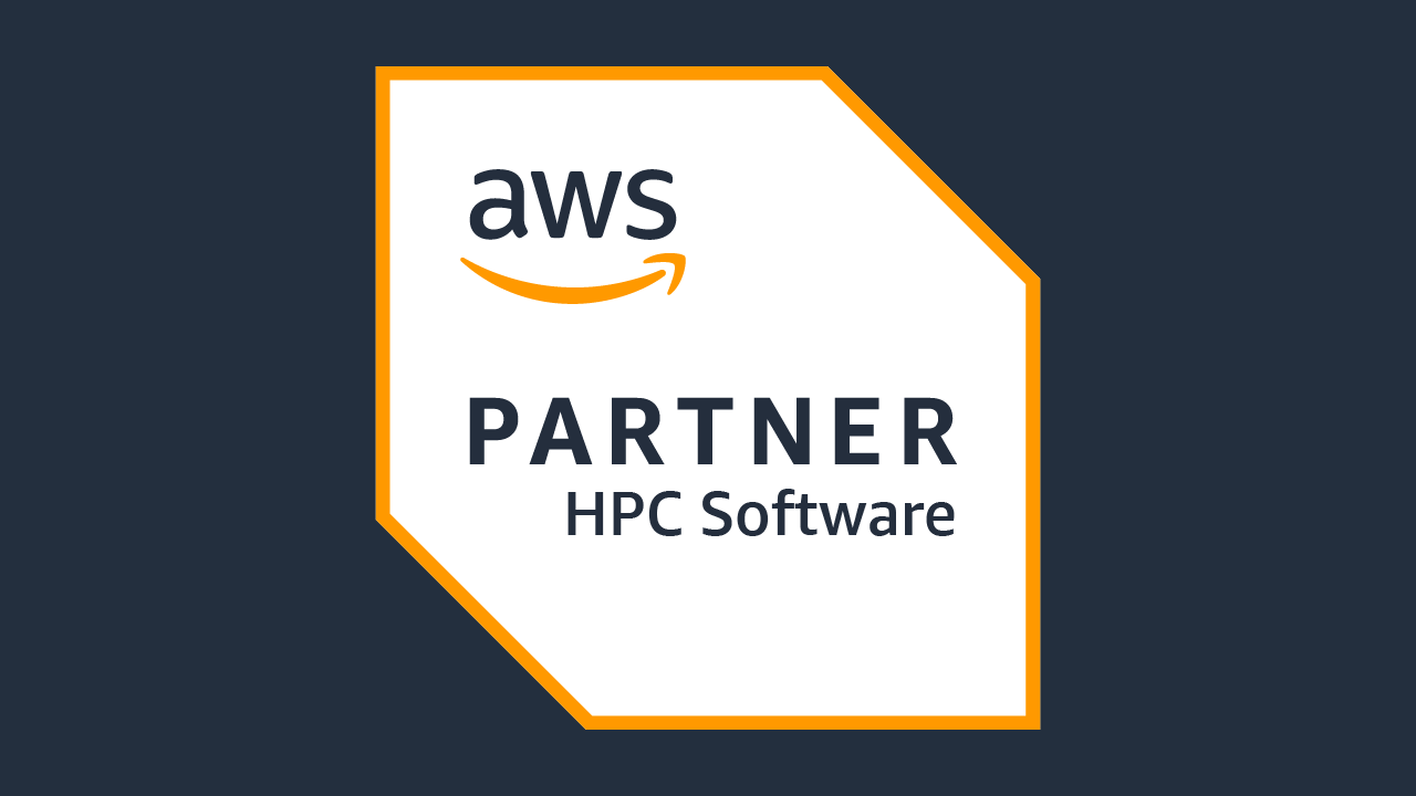 AWS Partner Network badge highlighting HPC Software competency, featuring the AWS logo and the words 'Partner HPC Software' on a white and dark blue background with orange border.