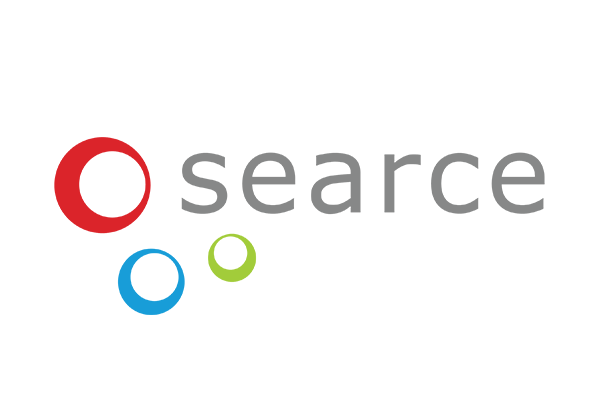 Logo for Searce featuring grey text and three colored circles in red, blue, and green on a white background.