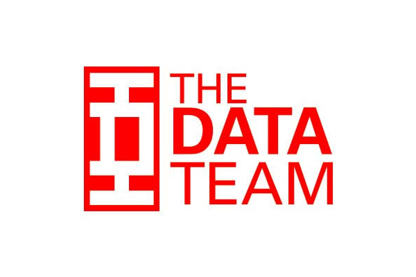 Logo of The Data Team in red color with bold text and abstract symbol on a white background.
