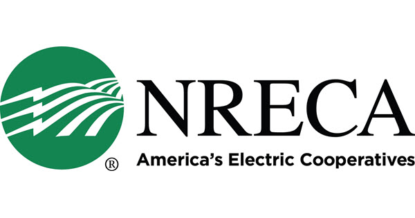 Logo of NRECA, featuring a green circular emblem with stylized electric lines and fields, alongside the text 'NRECA America's Electric Cooperatives'.
