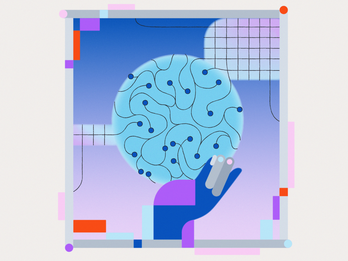 Abstract illustration representing partner-led migration, featuring a stylized blue hand holding a connected network sphere against a gradient background with geometric and grid elements.