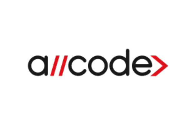 AllCode logo with black and red text and a red arrow on a white background.