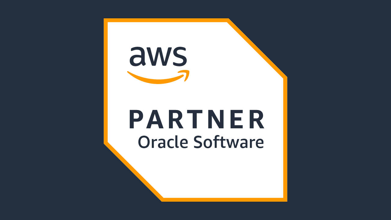 AWS Partner Oracle Software Competency Badge featuring the AWS logo and the text 'Partner Oracle Software' on a white badge with an orange border.