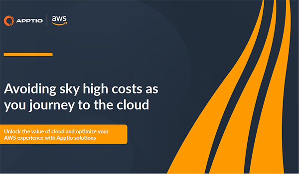 eBook cover image with Apptio and AWS logos, featuring the text 'Avoiding sky high costs as you journey to the cloud' and a message about optimizing AWS experience with Apptio solutions. The design includes bold orange curves on a dark background.