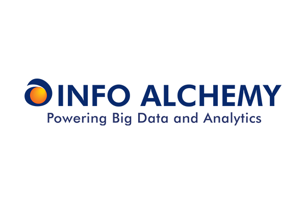 Info Alchemy company logo with blue background and orange circular icon, 600x400 pixels.
