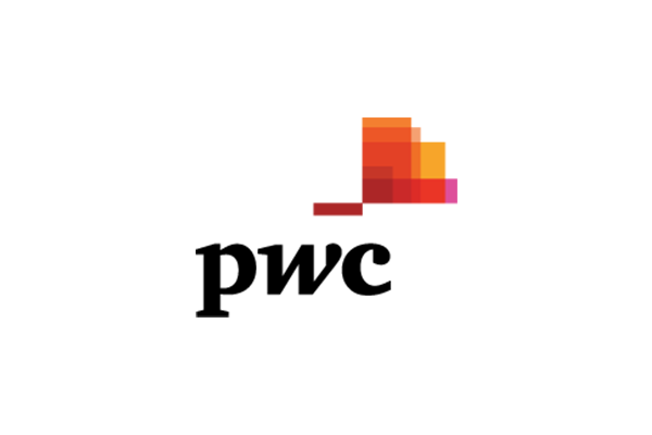 PwC logo featuring the company name in bold black text with stacked colored blocks above it, on a white background.