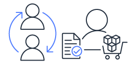 Illustration of two people connected by arrows, a document with a checkmark, and a shopping cart with boxes.