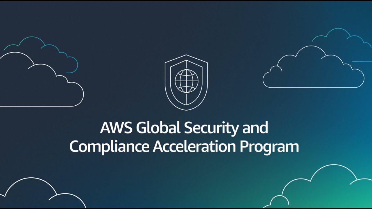YouTube thumbnail image for the AWS Global Security and Compliance Acceleration Program, featuring cloud graphics and a security shield icon on a blue gradient background.