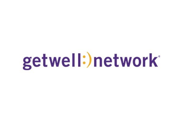 Logo of GetWellNetwork with purple text and a yellow smiley face symbol, displayed on a white background.