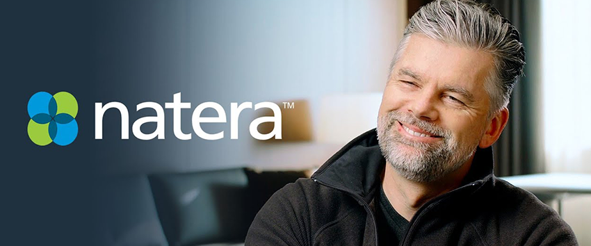 Natera logo with a smiling person in a modern office setting, used as a video thumbnail or promotional image.