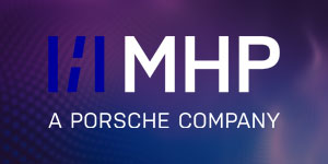 Logo for MHP, a Porsche company, against a purple gradient background.