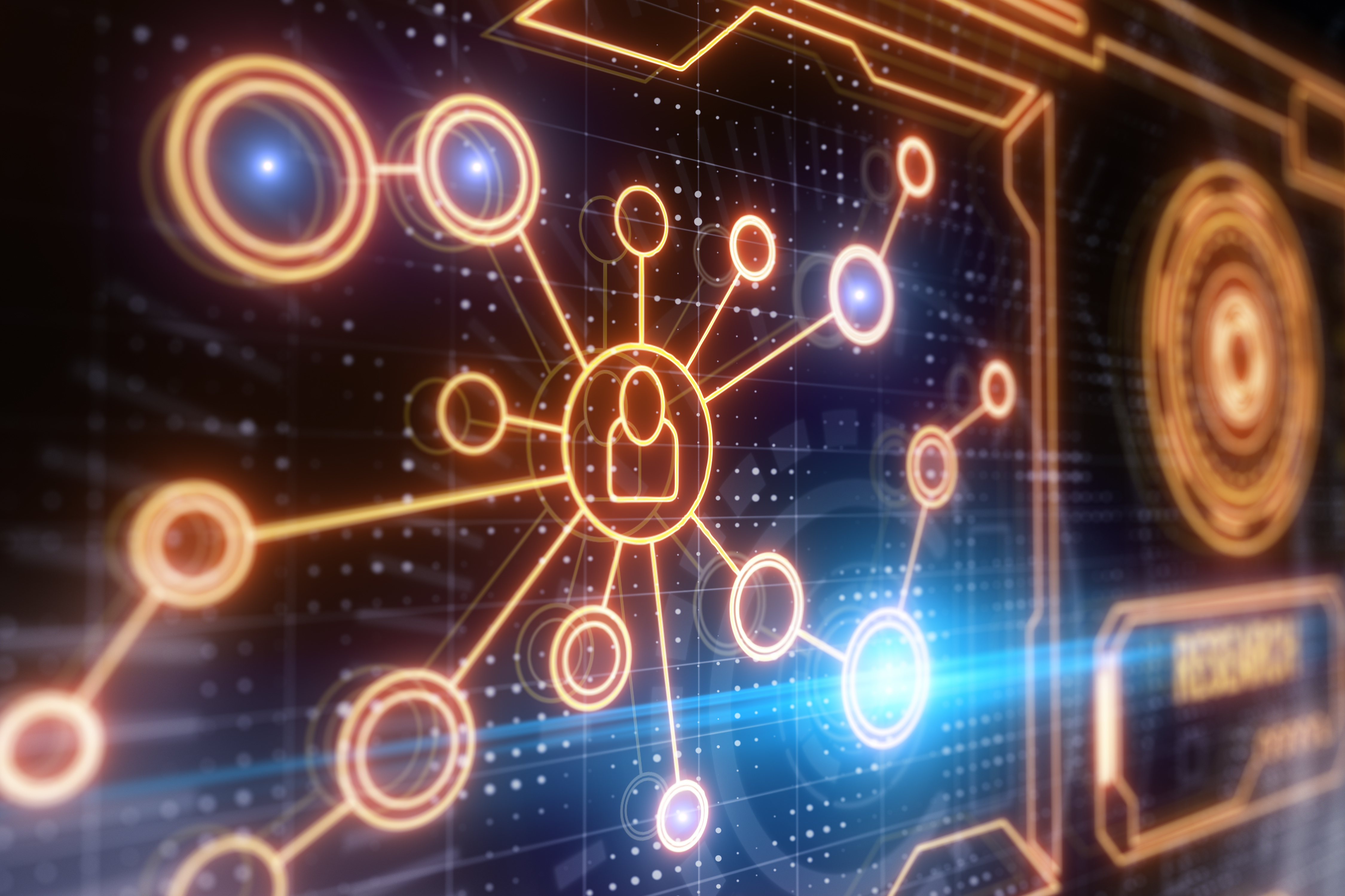 Abstract glowing digital business interface backdrop. Future and communication concept. 3D Rendering