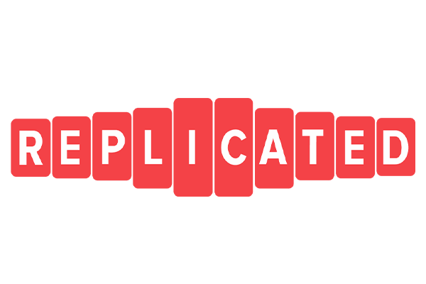 Replicated company logo in white text on a red rectangular background.