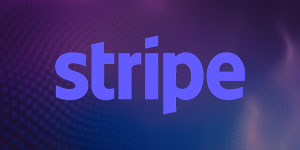 Stripe logo on a digital gradient background, representing Stripe as an AWS approved partner.
