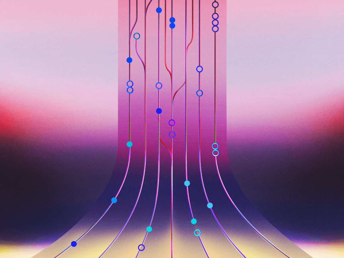 Abstract digital illustration of flowing vertical lines with network nodes in blue and cyan, fanning outward against a gradient background of pink, purple, and gold, representing data flow or neural network connectivity.