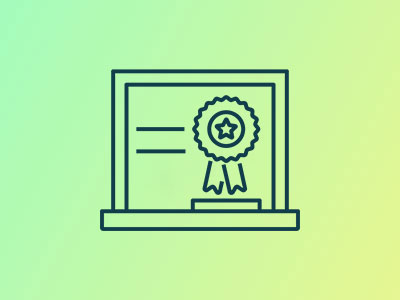 Illustration of a certificate with a ribbon badge on a gradient green and yellow background.