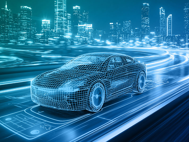 A digitally rendered wireframe car drives along a futuristic road with a city skyline in the background, representing automotive industry innovation and connectivity with AWS partners.